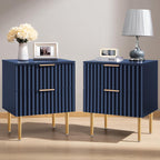 SICOTAS Night Stand Set 2, Fluted Glossy Nightstands Set of 2 with Drawers | Wide Modern Blue Storage Bedside Table for Bedroom, End Side Table with Golden Metal Legs and Handles, 2 Pieces