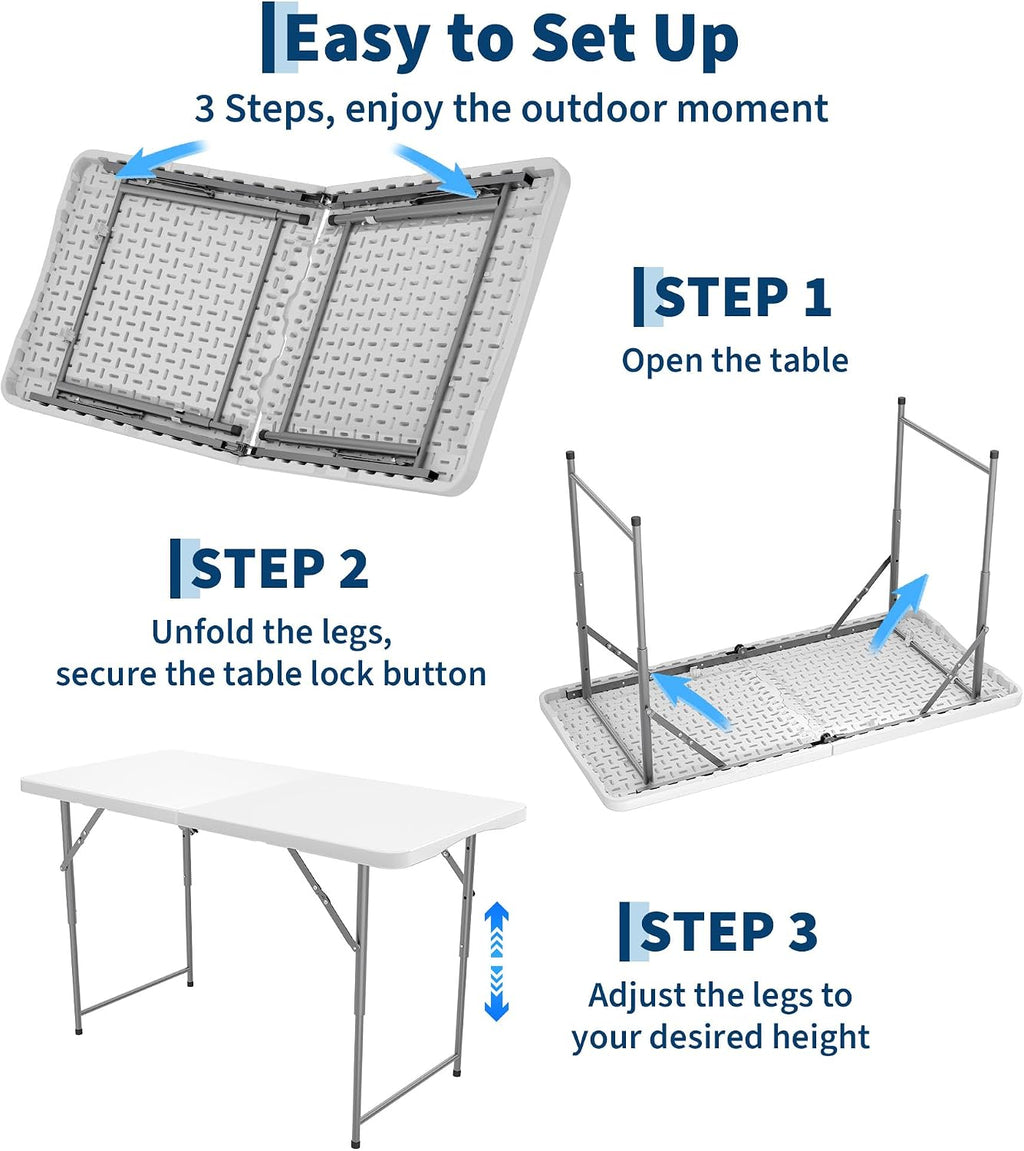 Garvee 4ft Folding Table HDPE Foldable Table with Carrying Handle 3 Adjustable Height Settings Metal Frame Support Up to 400LB Portable for Picnic Camping Party Indoor & Outdoor Use, 1 Pack White