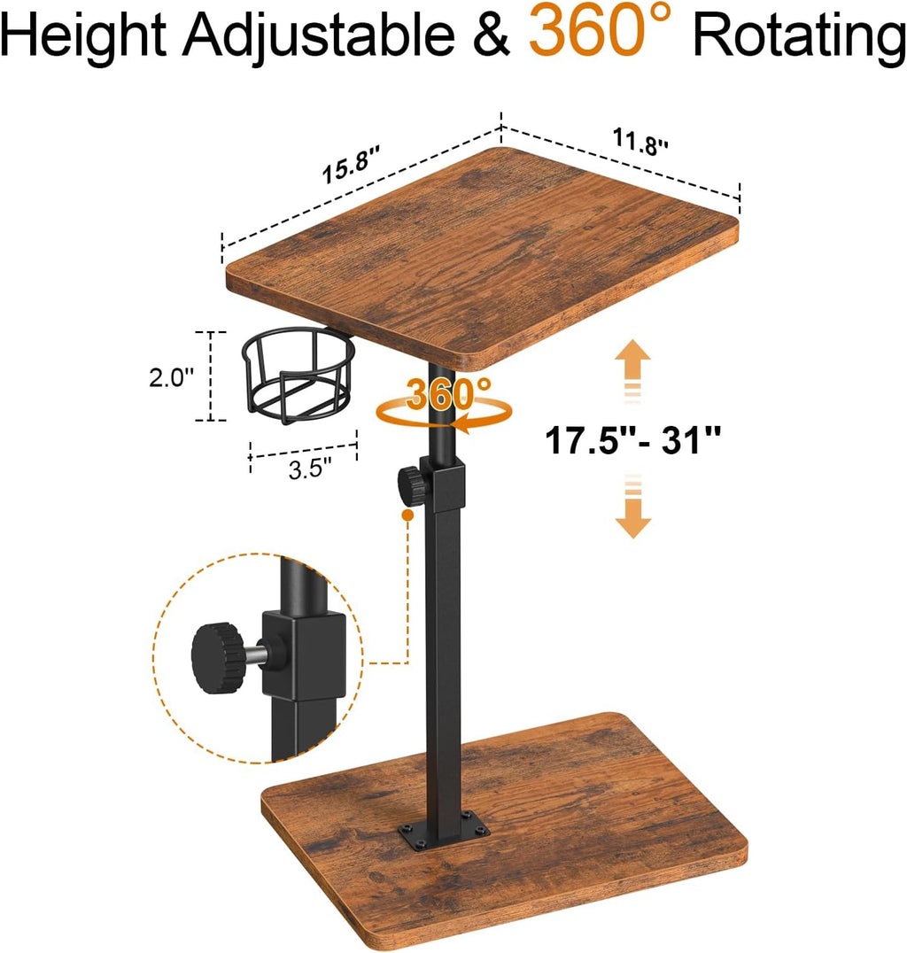 Giikin TV Tray Table, 360° Swivel Height Adjustable TV Trays for Eating on Couch,Sofa Armrest Side Table for Small Spaces Sofa Bed Dinner, Rustic Brown