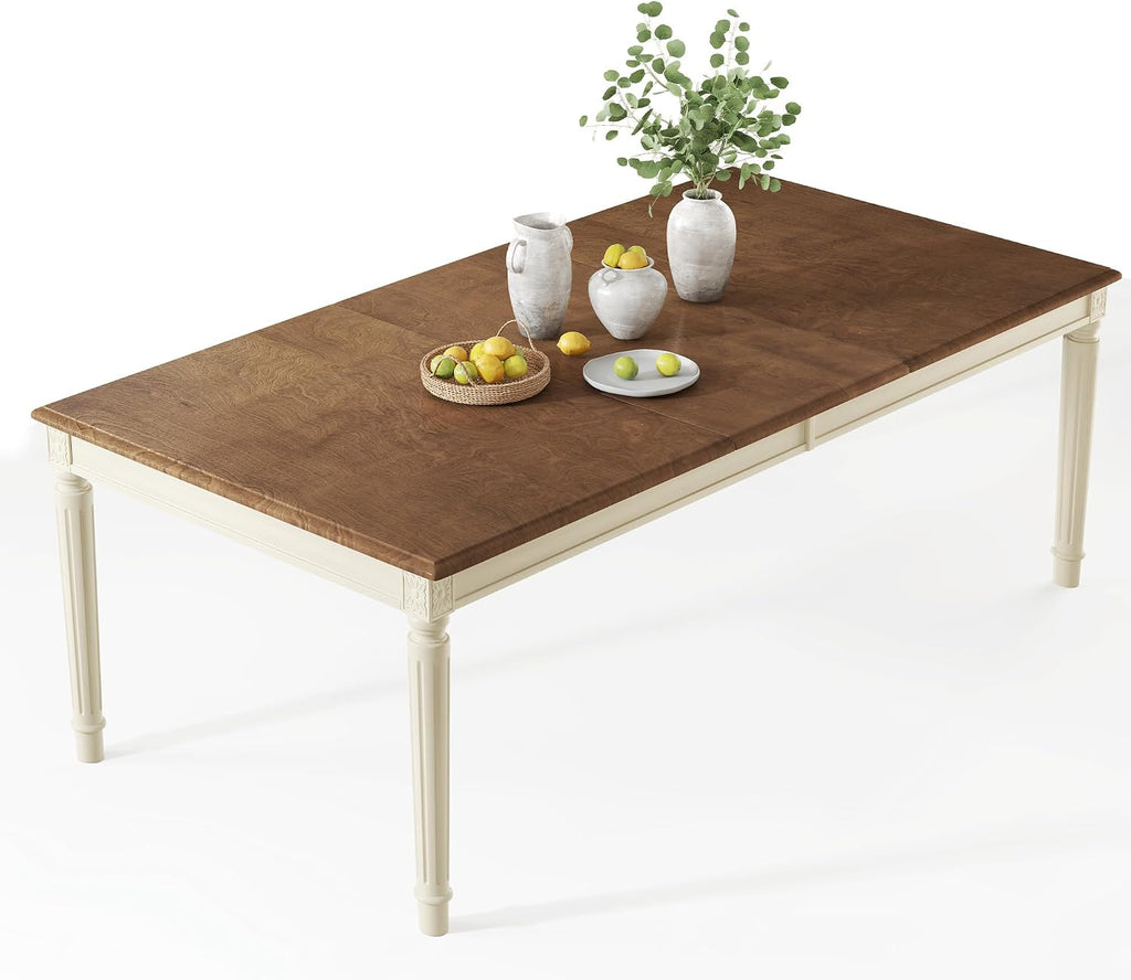 AMERLIFE 79 Inch Farmhouse Dining Table for 6 to 8, Large Rectangular Solid Wood Kitchen Dining Table with Roman Conical Legs, Rustic Dining Room Table for Family Gatherings, Rustic Cream