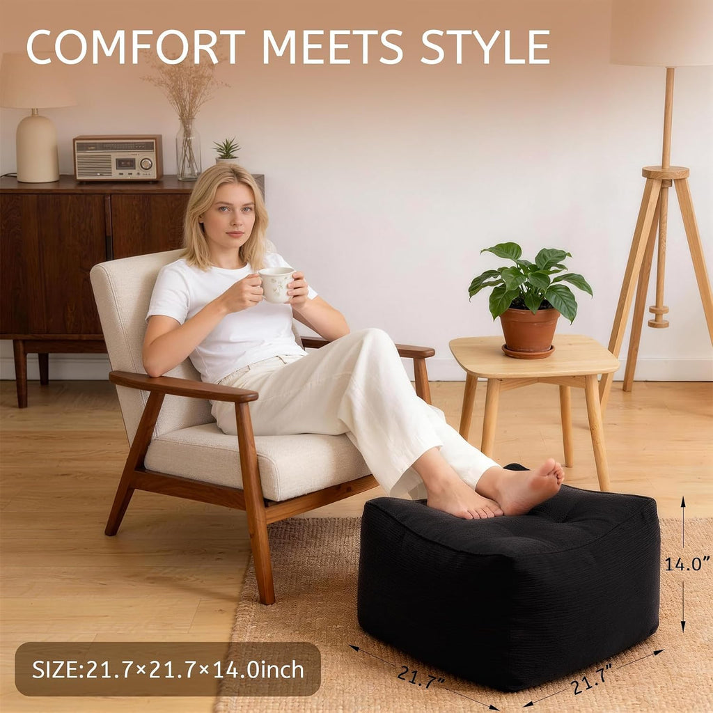 Square Corduroy Pouf Ottoman, Soft Fluffy Foot Stool with Foam Chunk Filling, Floor Pouf & Storage Ottoman for Living Room