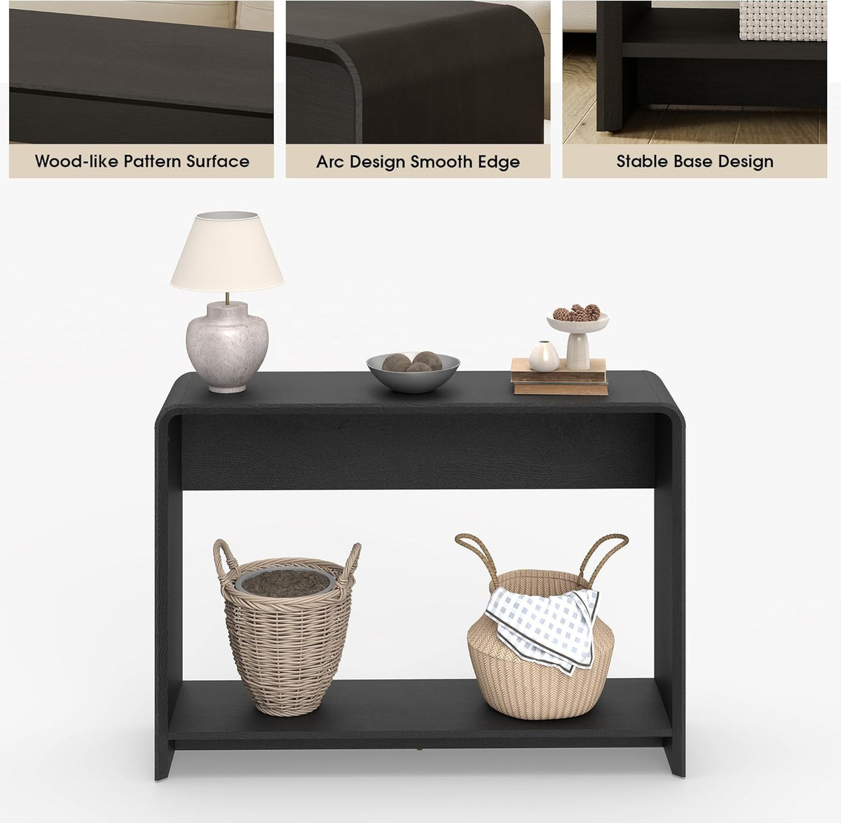 42.3" Modern U-Shaped Console Table, 11.5" Narrow Waterfall Entryway Table with Storage Shelf, Minimalist Sofa Table for Hallway & Living Room, Black Wood-Like Pattern Finish