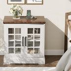 24" Farmhouse Nightstand with Charging Station, End Table with Tempered Glass Doors and Adjustable Shelf, Wood Square Side Table, Bedside Cabinet for Bedroom,Living Room- White
