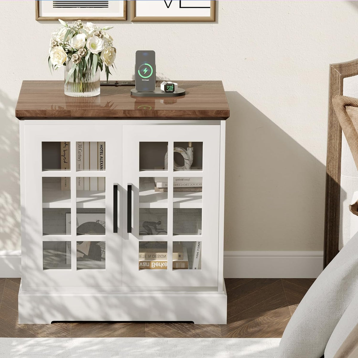 24" Farmhouse Nightstand with Charging Station, End Table with Tempered Glass Doors and Adjustable Shelf, Wood Square Side Table, Bedside Cabinet for Bedroom,Living Room- White