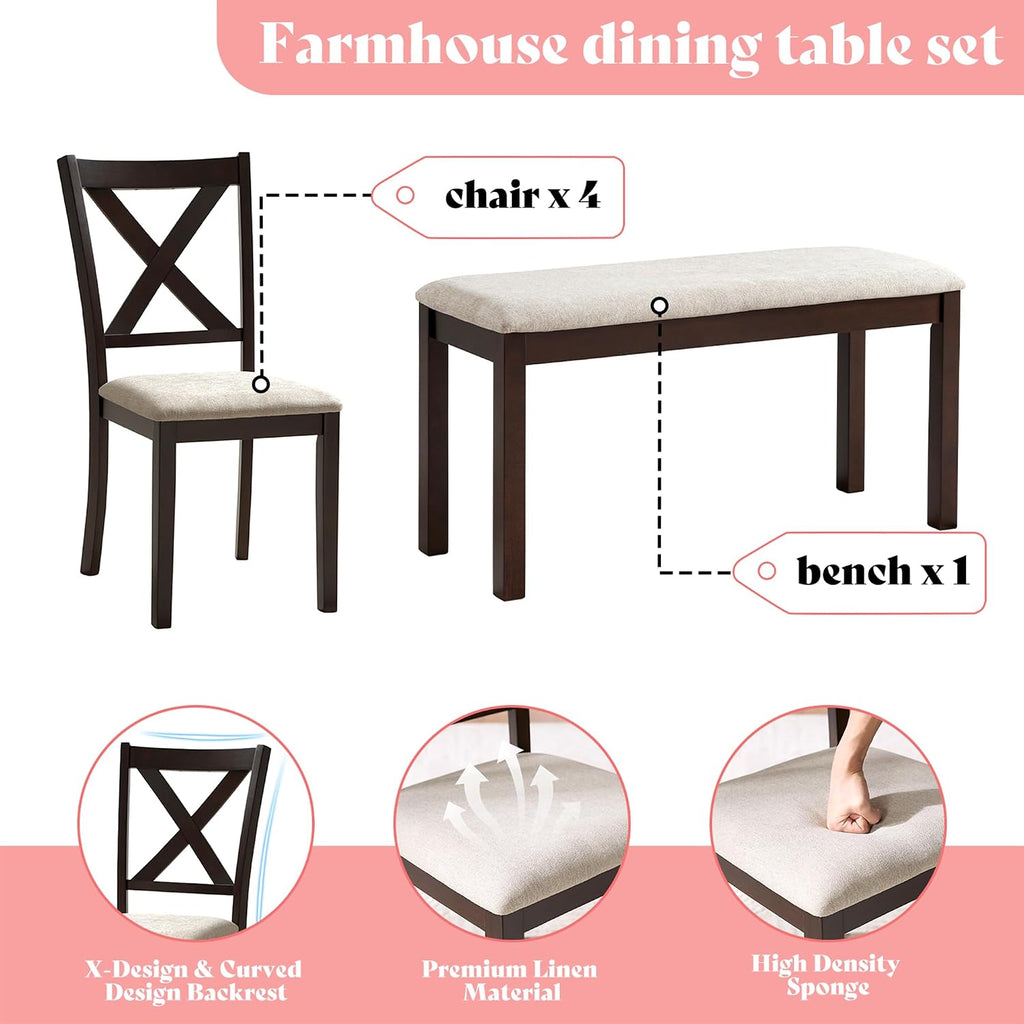 AMERLIFE 6-Piece Farmhouse Dining Table Set for 6-7, 60" Solid Wood Kitchen Table and Chairs, 1 Dining Table, 4 Upholstered Chairs and 1 Bench, Rustic Dining Room Set, Brown