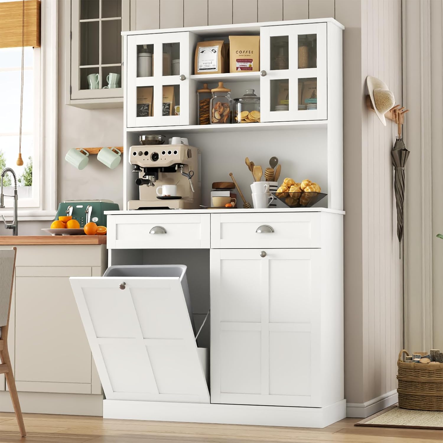 Gyfimoie Kitchen Pantry Cabinet with Double Tilt Out Trash Cabinet, 68" Tall Storage Cabinets with 2 Drawers & Hutch, 20 Gallon Hidden Trash Can Cabinets, Kitchen Cupboard with Microwave Coffee Stand
