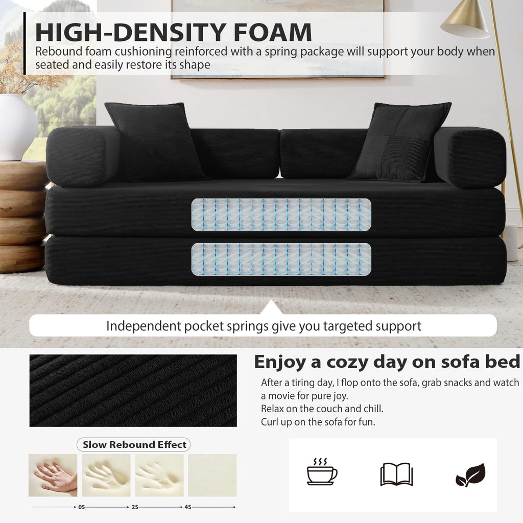 HANXIN 78 Inch Convertible Sleeper Sofa Bed, Folding Floor Mattress Couch with Fixed-Shape Frame, Futon Couch Lounge Loveseat with Pull Out Bed, No Assembly Required (Black)