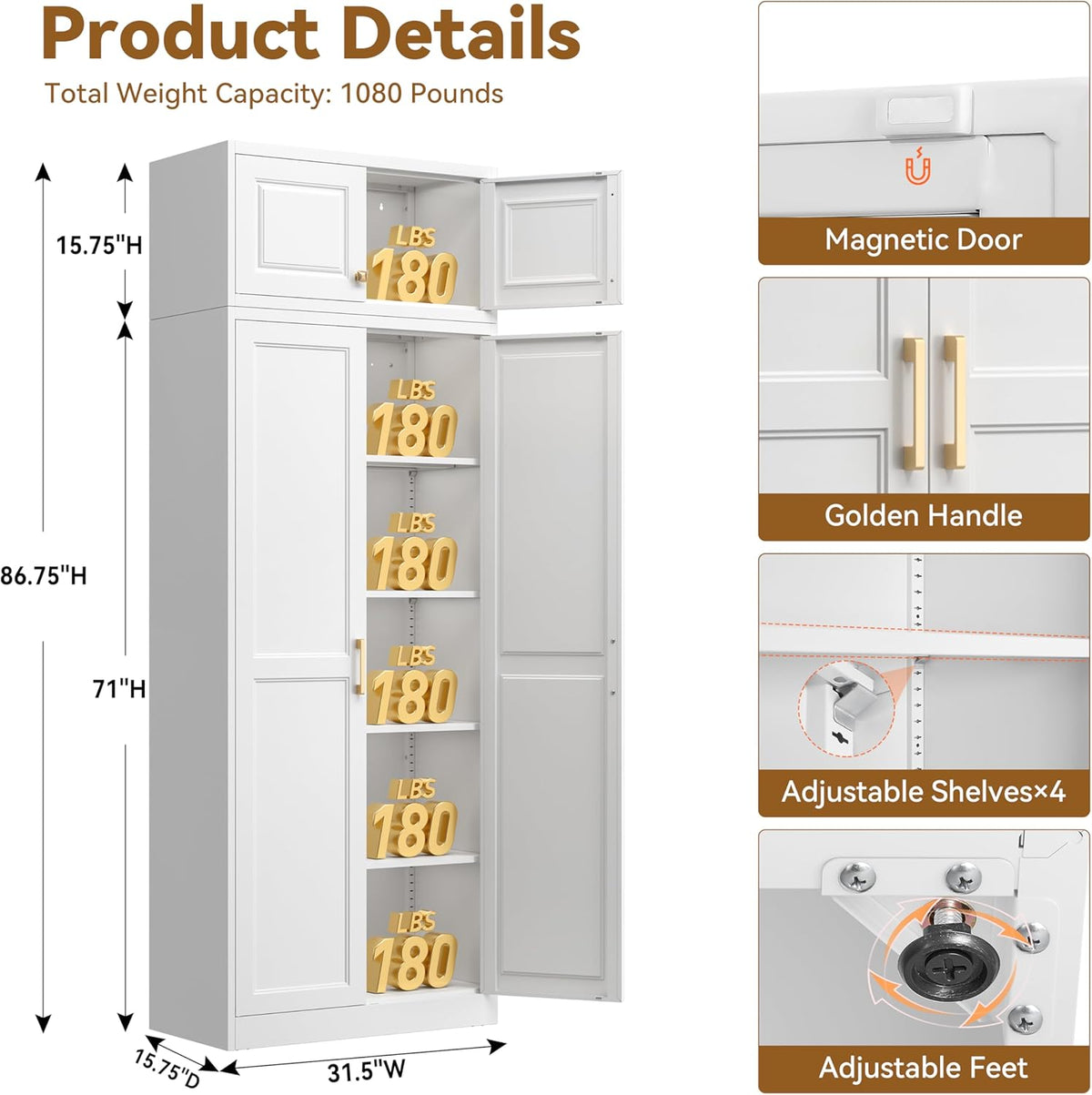 Polup 86" Tall Metal Kitchen Pantry Storage Cabinet with Doors and Shelves