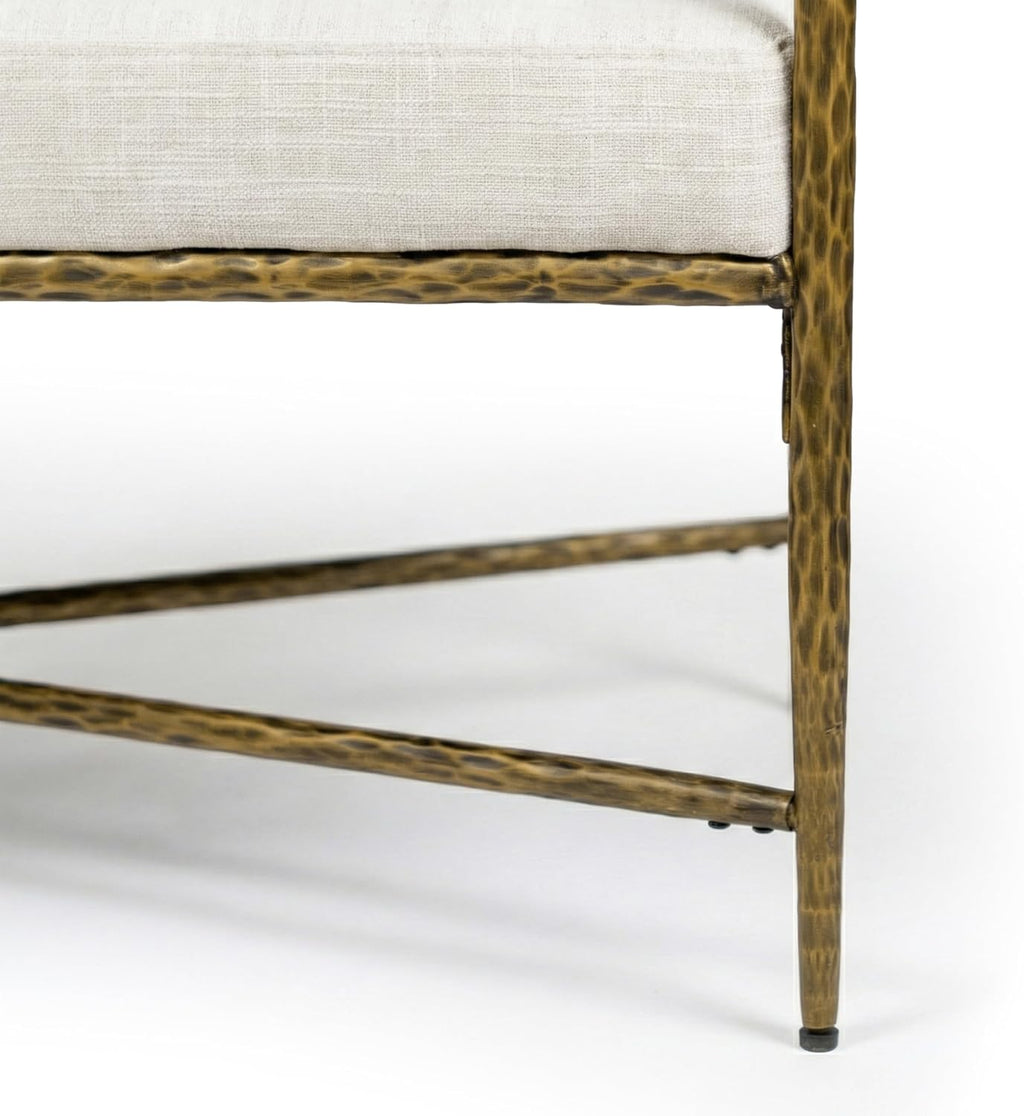 24/7 Shop at Home Lalia Upholstered 48-inch Metal Bench with Padded Roll Arms, Beige Fabric Seat, Hammered Forged Steel Frame, Modern Bedroom or Entryway, Matte Gold