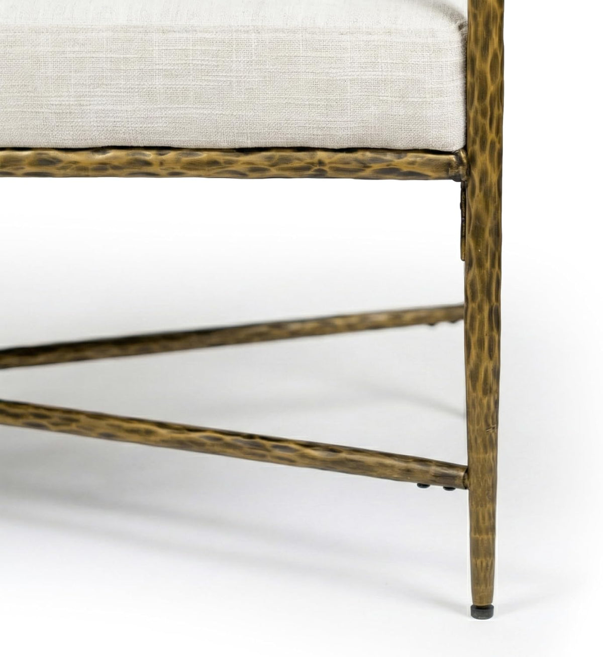 24/7 Shop at Home Lalia Upholstered 48-inch Metal Bench with Padded Roll Arms, Beige Fabric Seat, Hammered Forged Steel Frame, Modern Bedroom or Entryway, Matte Gold