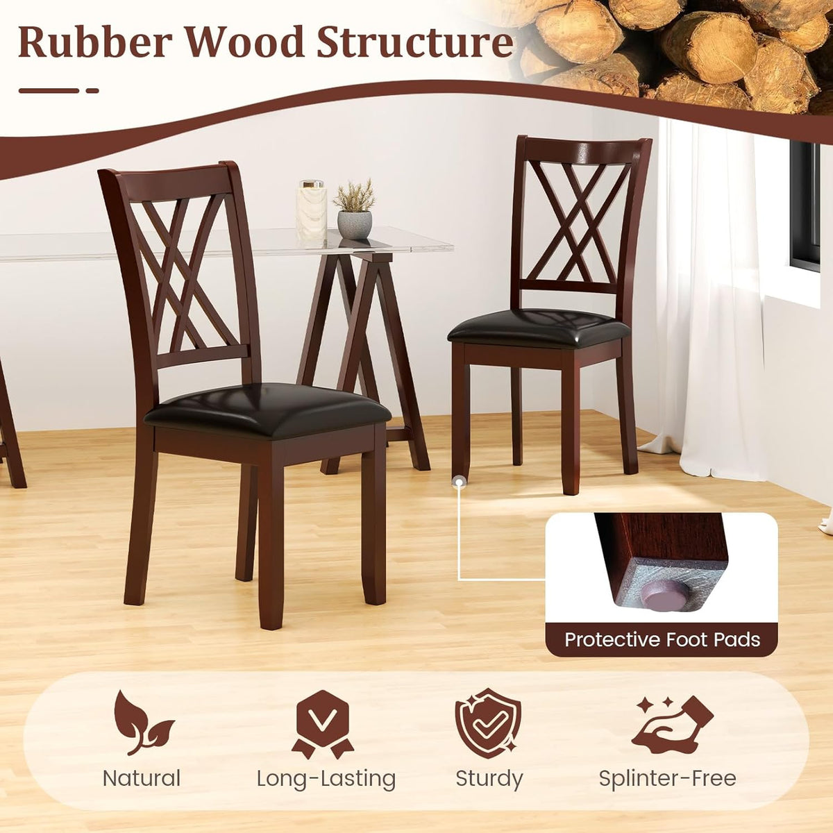 COSTWAY Set of 4 Dining Chairs, Wooden Kitchen Side Chair with PU Leather Padded Seat, Rubber Wood Frame & High Back, Farmhouse Dining Room Chairs for Home & Restaurant, Walnut