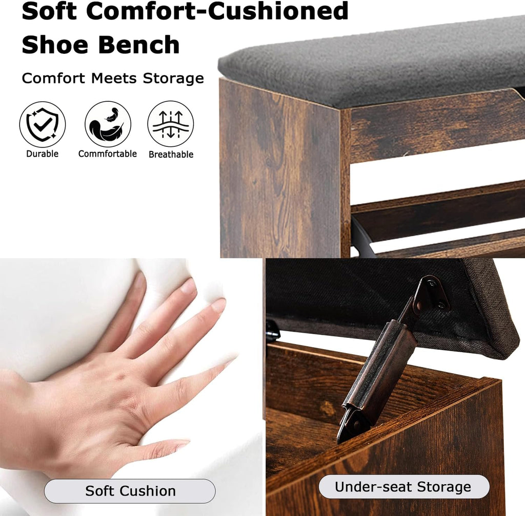 Shoe Storage Bench with Flip Drawers & Lift Top Storage Box, Entryway Bench with Seat Cushion, 3-Tier Short Shoe Cabinet with Adjustable Shelves for Entryway, Hallway, Living Room, Mudroom, Brown