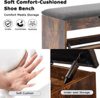 Shoe Storage Bench with Flip Drawers & Lift Top Storage Box, Entryway Bench with Seat Cushion, 3-Tier Short Shoe Cabinet with Adjustable Shelves for Entryway, Hallway, Living Room, Mudroom, Brown