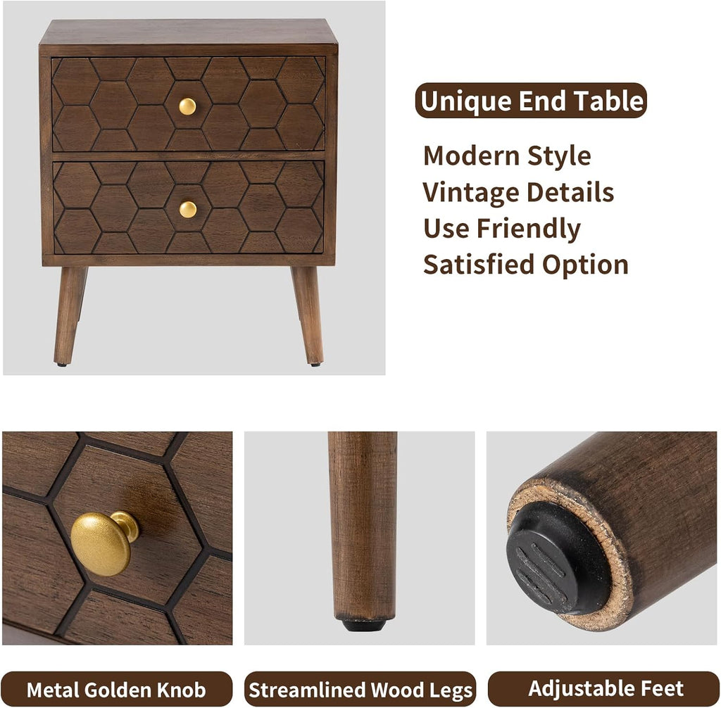 HOMPUS Wood Nightstand Set of 2, Modern Nightstand with Drawers Set 2 w Honeycomb Pattern, Small 2 Drawer Dresser, Bedside End Table with Solid Wood Legs for Bedroom, Dorm, Brown