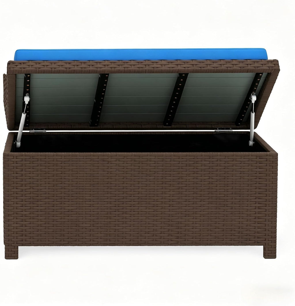 2-in-1 Outdoor Wicker Storage Bench with Cushion - 34 Gallon Patio Deck Box with Gas Struts - Weather-Resistant Aluminum Garden Bench for Porch, Pool & Backyard