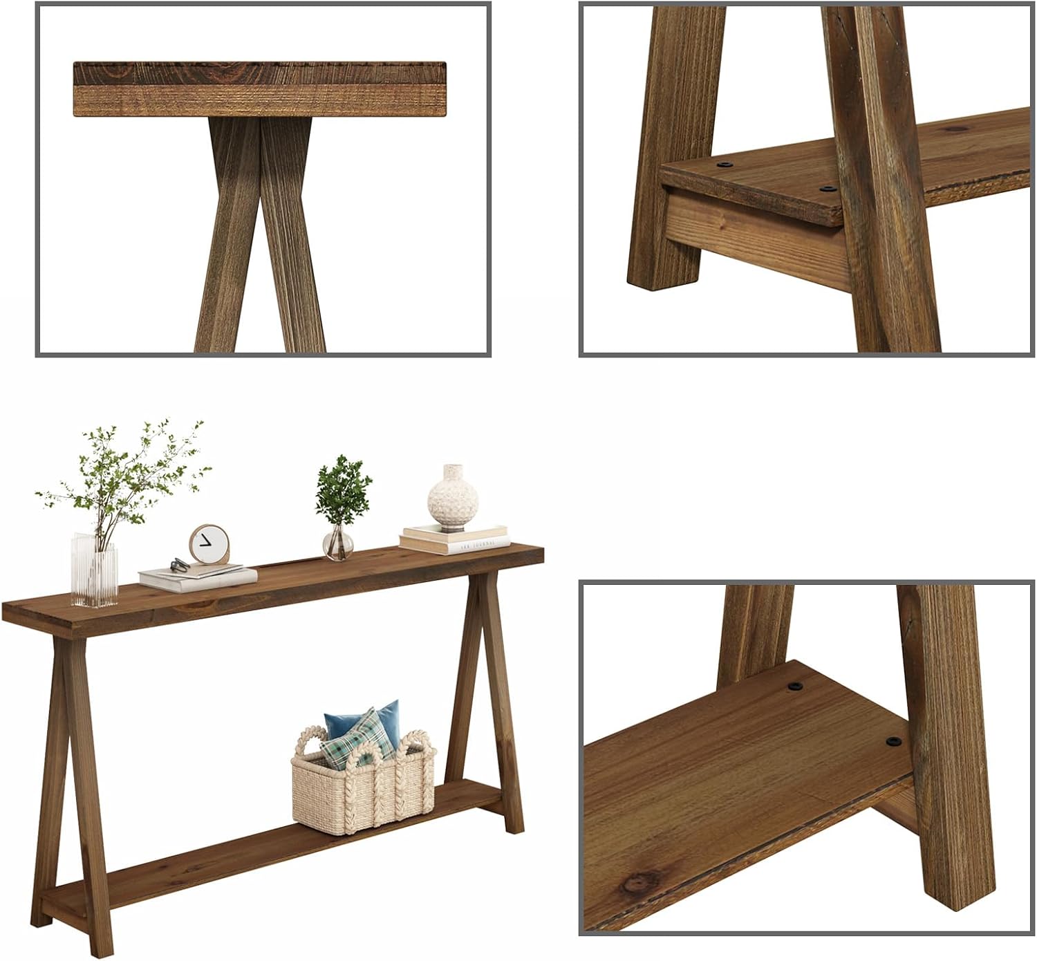 Farmhouse Console Tables for Living Room, 63" Solid Wood 2-Tier Sofa Table, Rustic Hallway Table for Entryway, Natural