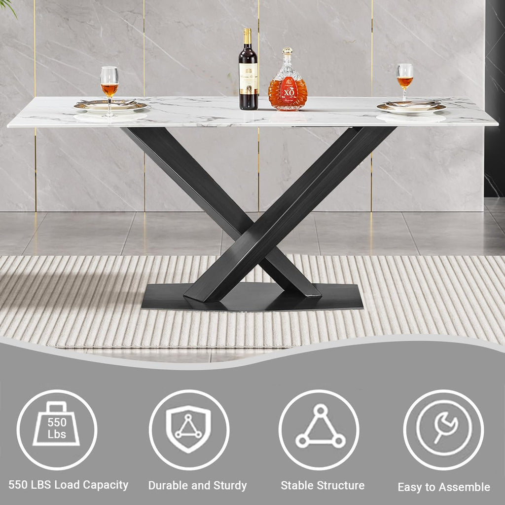 70in Faux Marble Dining Table for 6-8 Person, Modern White Kitchen Dining Room Table with Black X-Shape Carton Steel Pedestal Base, Large Rectangle Dinner Table for Kitchen Dining Room