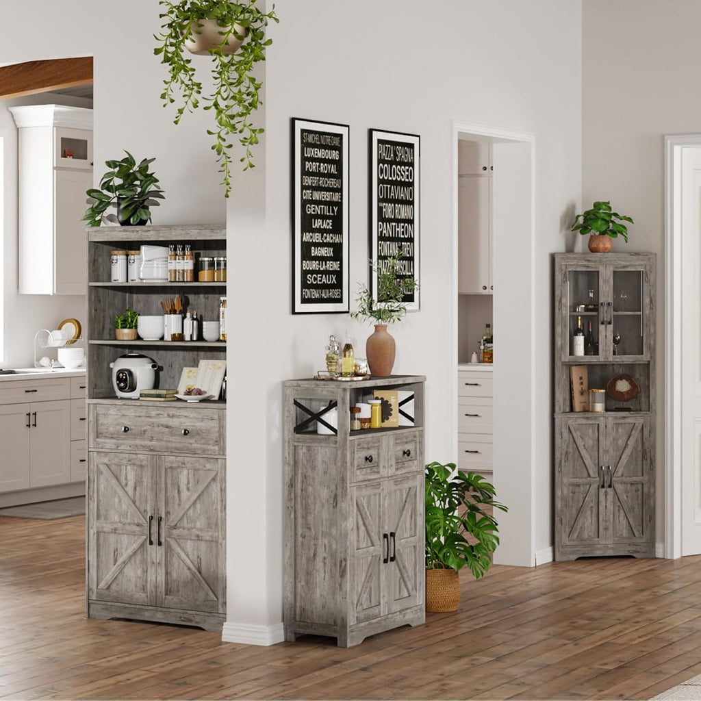 FiveWillowise Small Farmhouse Storage Cabinet with Barn Doors, Farmhouse Kitchen Pantry Cabinet, Tall Coffee Bar with Storage, Hutch Cupboard for Kitchen, Laundry, Living Room, Washed Grey