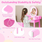 Costzon Kids Vanity, Girls Vanity Set with Mirror and Stool and Lights, Drawer, Jewelry Rack, 2 in 1 Wooden Princess Makeup Desk Dressing Table, Kids Vanity Table and Chair Set (Pink)