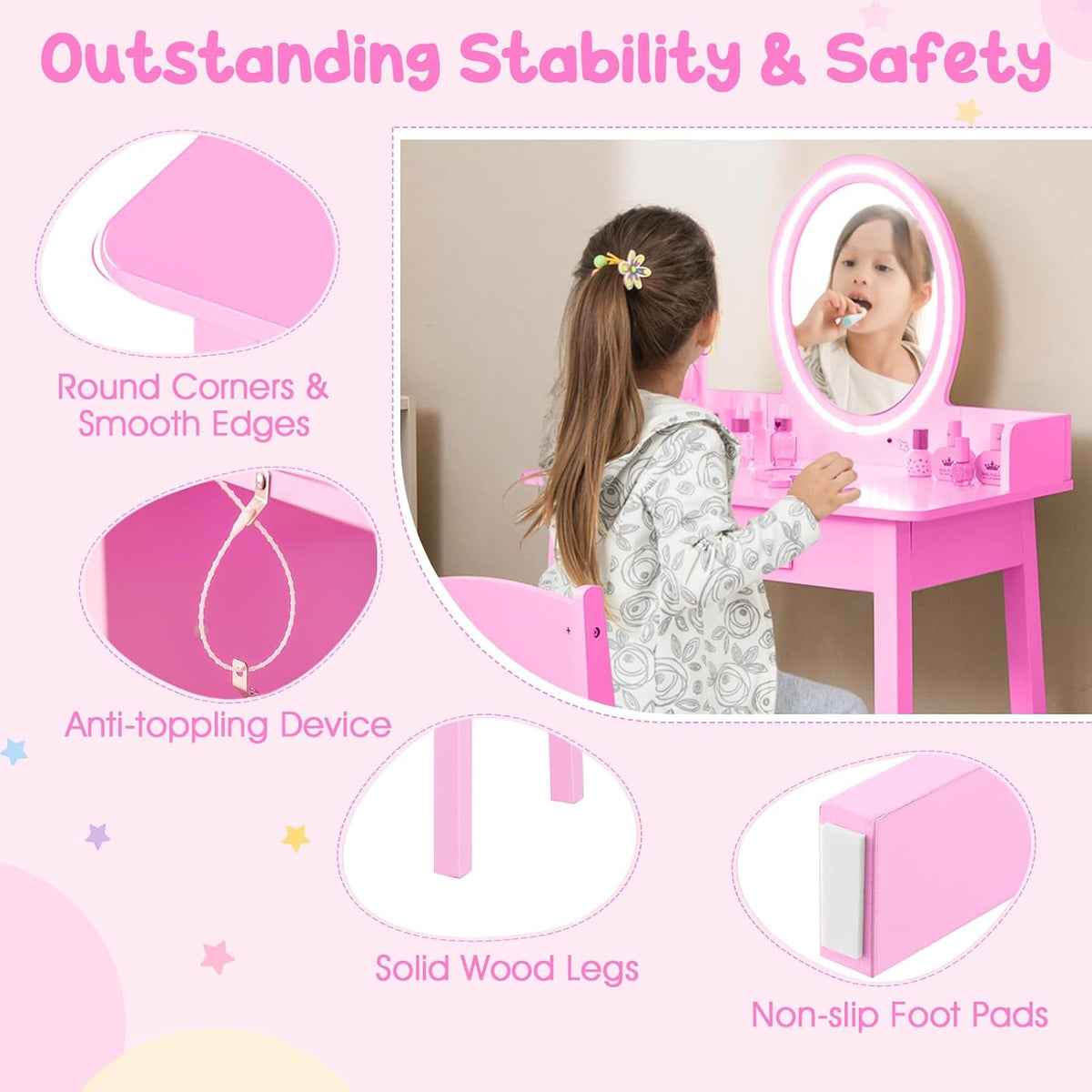 Costzon Kids Vanity, Girls Vanity Set with Mirror and Stool and Lights, Drawer, Jewelry Rack, 2 in 1 Wooden Princess Makeup Desk Dressing Table, Kids Vanity Table and Chair Set (Pink)