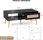 Wood Coffee Table with Storage, Boho Dining Table with Sliding Rattan Door Panel and Solid Wood Legs, Small Coffee Tables for Living Room, Oak (Black_LSJ007)