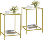 3-Piece Living Room Table Set, Glass Coffee Table with 2 Side Tables, Modern Rectangular Center Table & Square End Tables with Storage Shelves, Golden Metal Frame, Easy Assembly