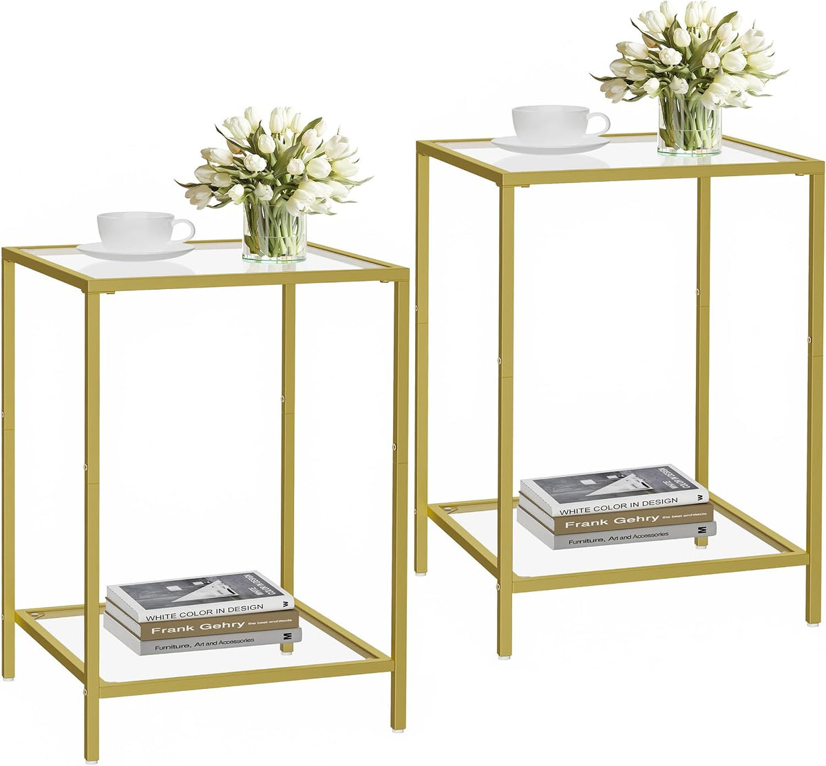 3-Piece Living Room Table Set, Glass Coffee Table with 2 Side Tables, Modern Rectangular Center Table & Square End Tables with Storage Shelves, Golden Metal Frame, Easy Assembly