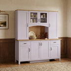 78.7” Farmhouse Kitchen Pantry Cabinet with Glass Doors & Hutch, Tall Pantry Storage Cupboard with 2 Drawers & Adjustable Shelf, Dining Room Home Bar, Purple & Brown, 66.9”W x 19.7”D x 78.7”H