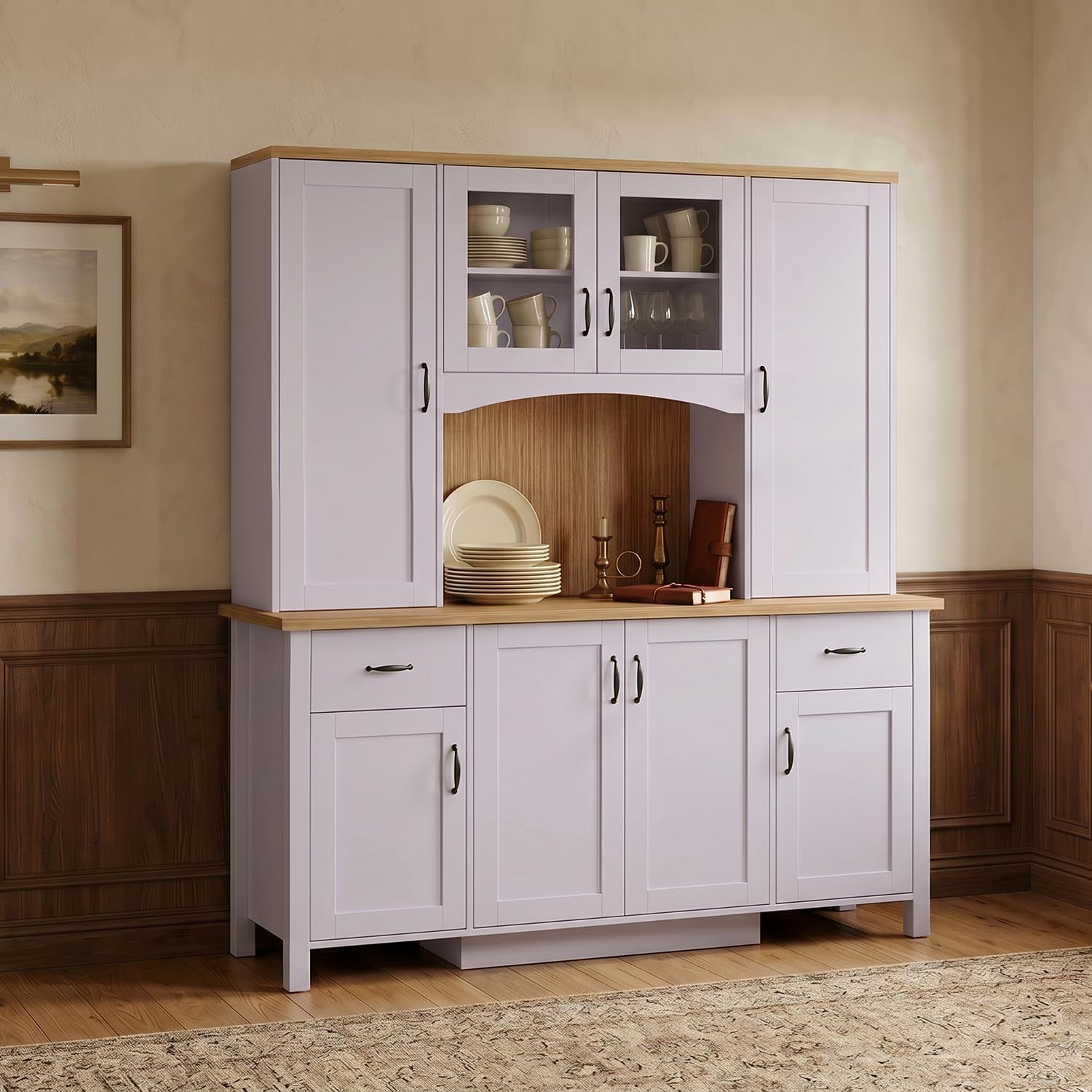 78.7” Farmhouse Kitchen Pantry Cabinet with Glass Doors & Hutch, Tall Pantry Storage Cupboard with 2 Drawers & Adjustable Shelf, Dining Room Home Bar, Purple & Brown, 66.9”W x 19.7”D x 78.7”H