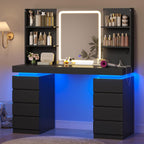 ADORNEVE Vanity Desk with Mirror & Lights, 8 Drawers Black | Built-in Charging Station, Large Makeup Vanity with RGB Lights Floating Desk, for Women Girls Bedroom
