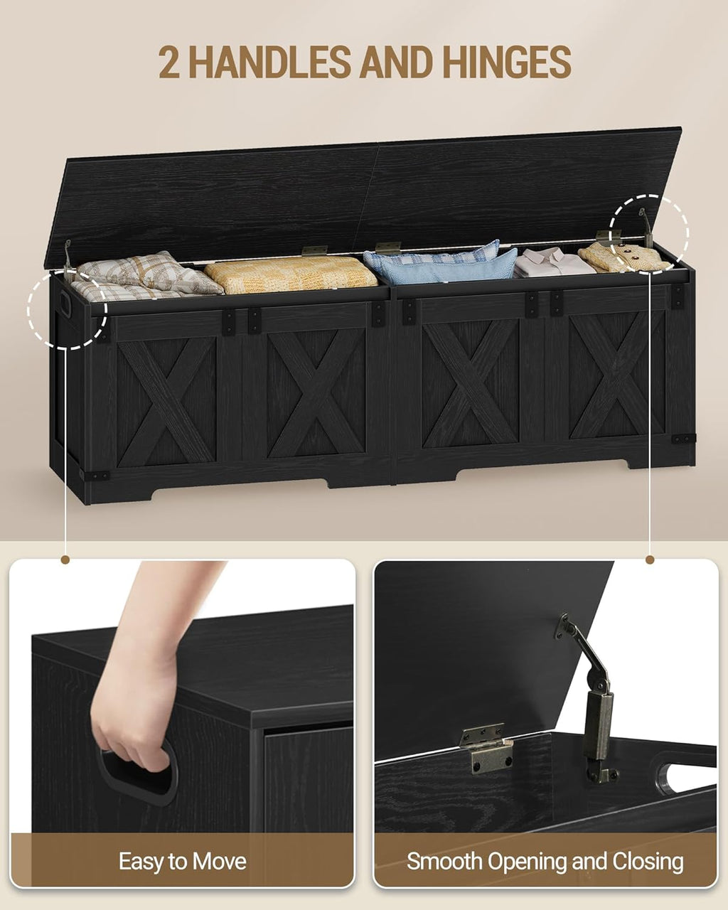 Hzuaneri 59" Storage Chest, Large Storage Trunk with 2 Hinges, Farmhouse Wooden Box Bench, Lift-Top Organizer Chest, Entryway Trunk for Bedroom, Living Room, Black SB15004X