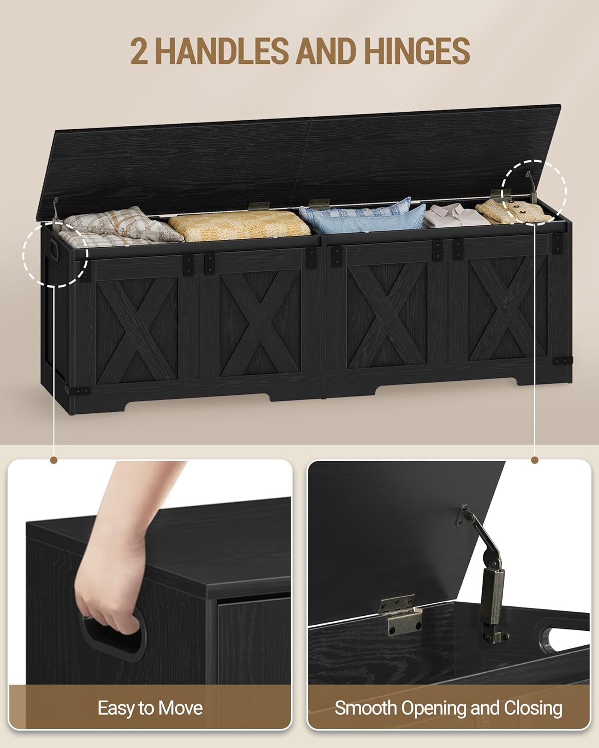 Hzuaneri 59" Storage Chest, Large Storage Trunk with 2 Hinges, Farmhouse Wooden Box Bench, Lift-Top Organizer Chest, Entryway Trunk for Bedroom, Living Room, Black SB15004X