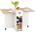 Mondeer Folding Dining Table with Drawer and Shelves, Oak & White | Drop Leaf Kitchen Table with 1 Drawer and 2 Storage Shelves in Modern Style for Small Spaces and Seats 4-6 People.