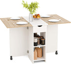 Mondeer Folding Dining Table with Drawer and Shelves, Oak & White | Drop Leaf Kitchen Table with 1 Drawer and 2 Storage Shelves in Modern Style for Small Spaces and Seats 4-6 People.