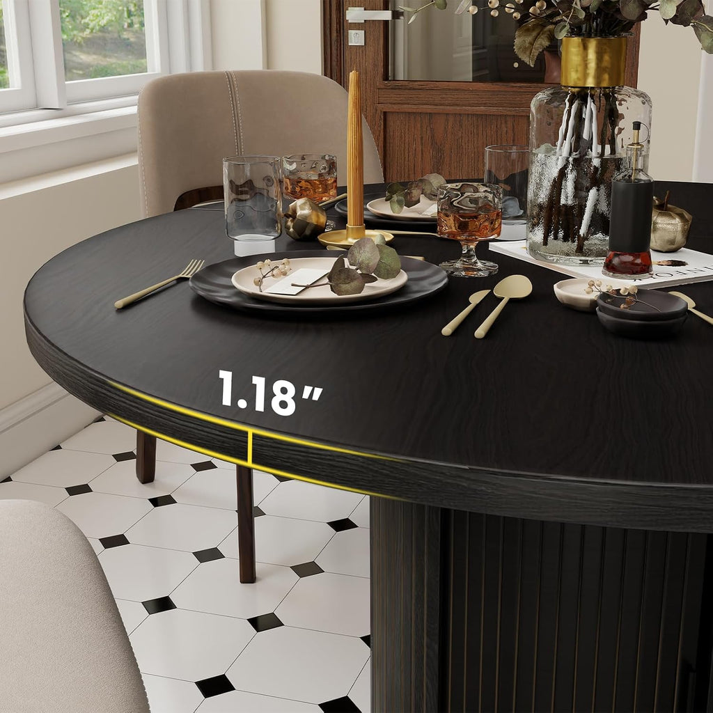 47" Round Dining Table with Hidden 2-Tier Storage Cabinet | Seats 4–6 | Mid-Century Modern Pedestal Base | Space-Saving Kitchen Table for Small Spaces, Black