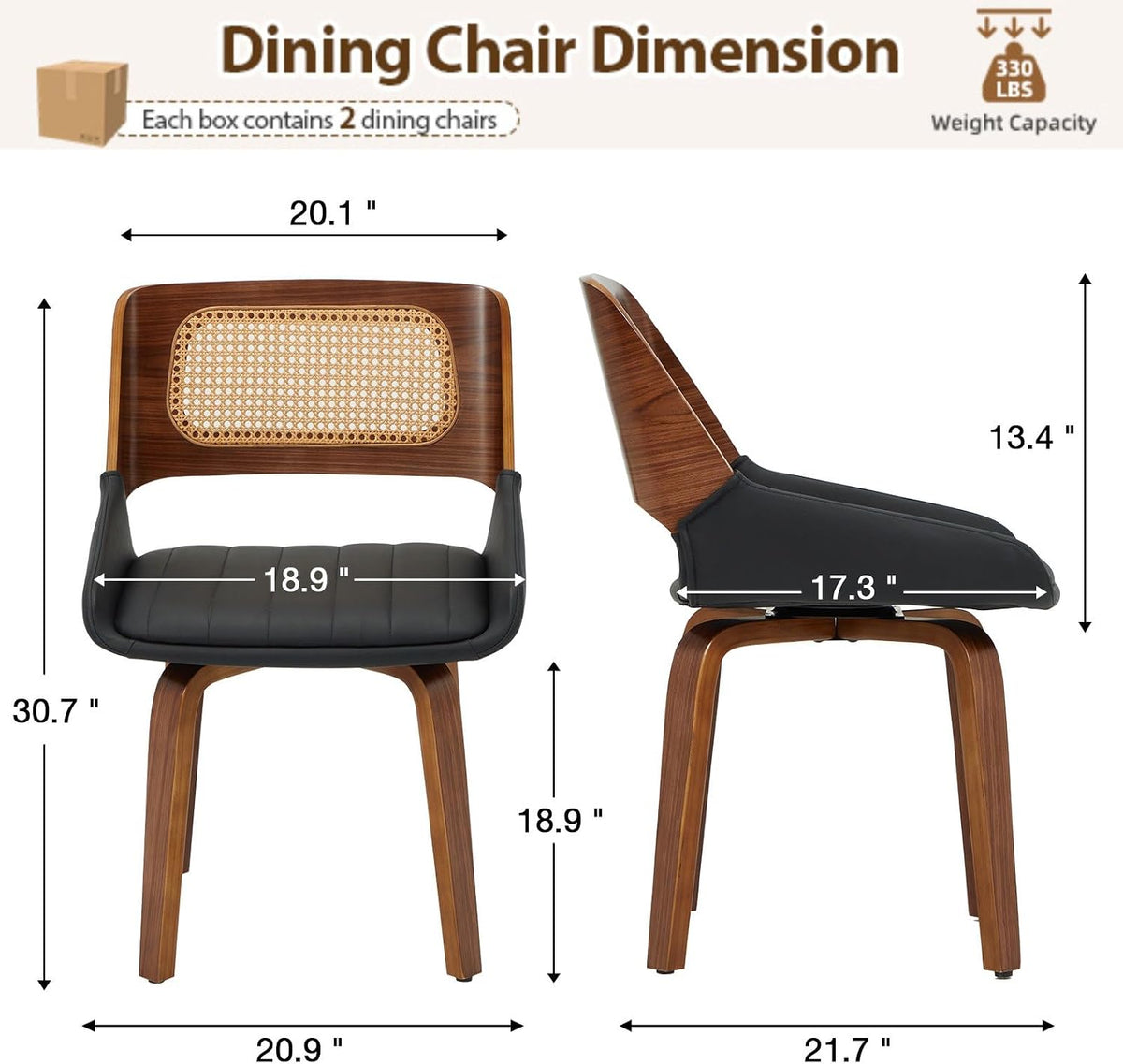 AVAWING Swivel Dining Chairs Set of 4, Mid Century Modern Dining Room Chairs with Cane Back & Leather Seat, Upholstered Rattan Chairs with Walnut Bentwood Frame & Adjustable Foot Pads, Black