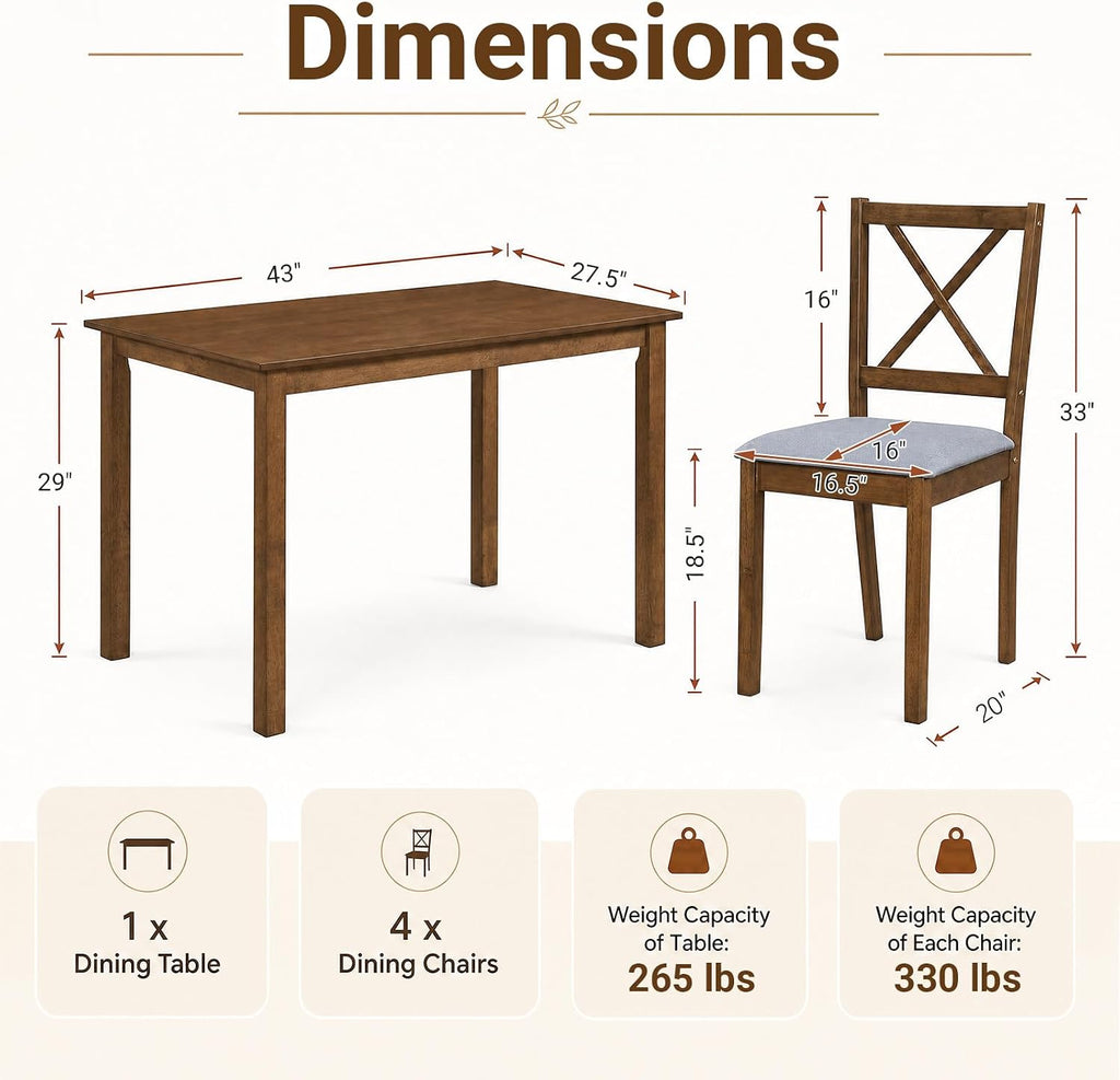 Giantex Dining Table Set for 4, Wood Kitchen Table with Upholstered Chairs | Farmhouse Space-Saving Dinette Set with X-Shaped Backrest for Small Space, Breakfast Nook, Dining Room