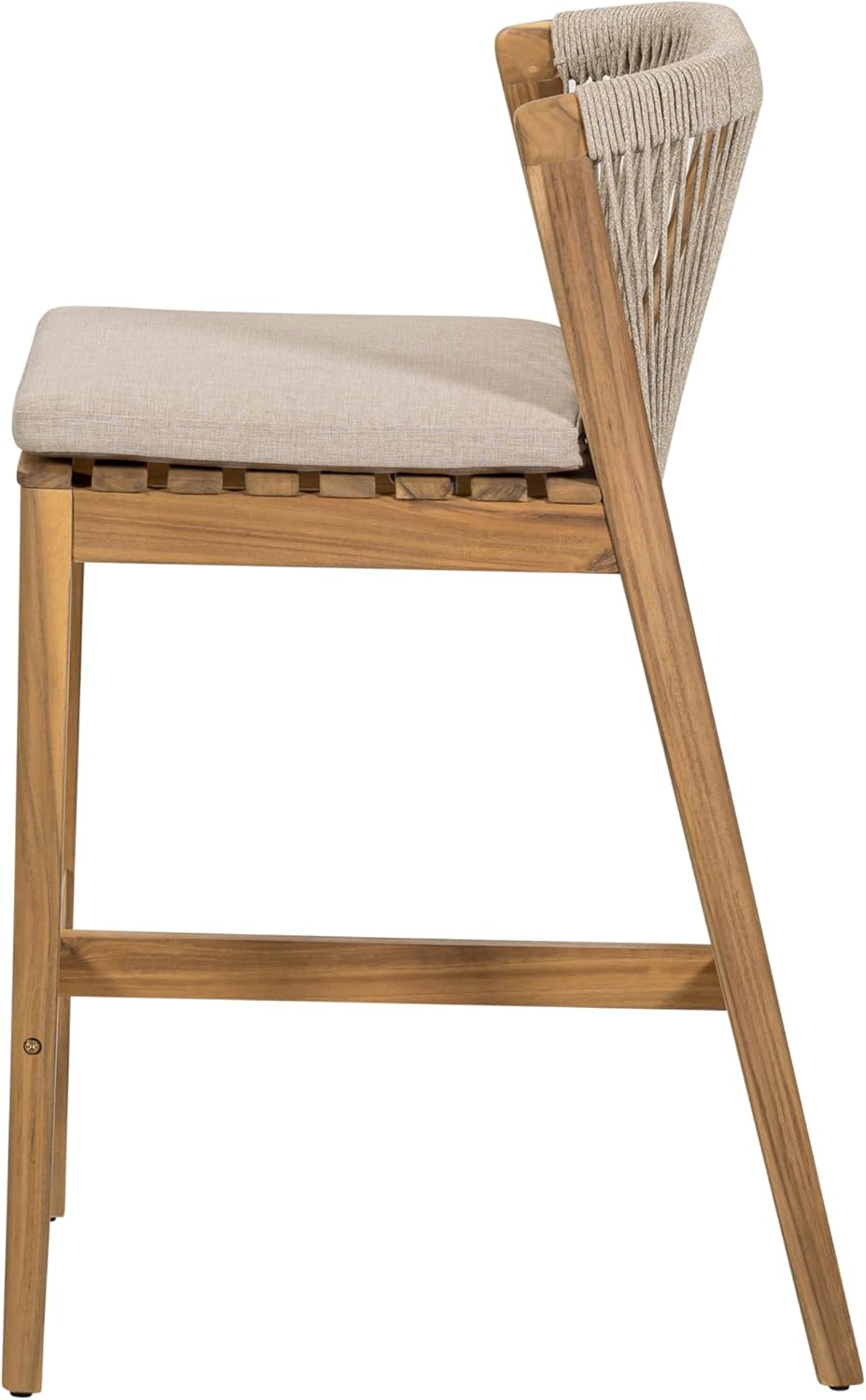 Christopher Knight Home Cuz Patio Barstool Set of 2, Outdoor Counter Height Stool with Sturdy Acacia Wood Frame and Rope Backrest, Bar Stool with Seat Cushion for Backyard Garden, Beige + Teak