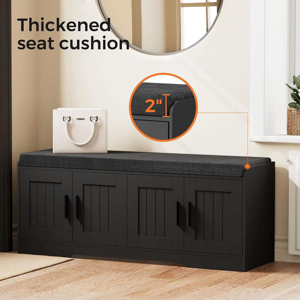 Homleke Shoe Storage Bench, 4 Doors & Thickened Padded Seat Cushion | 2-Tier Shoe Bench, Entryway Bench, Adjustable Shelf, 13.8" D x 45.3" W x 18.5" H, for Living Room, Bedroom, Black