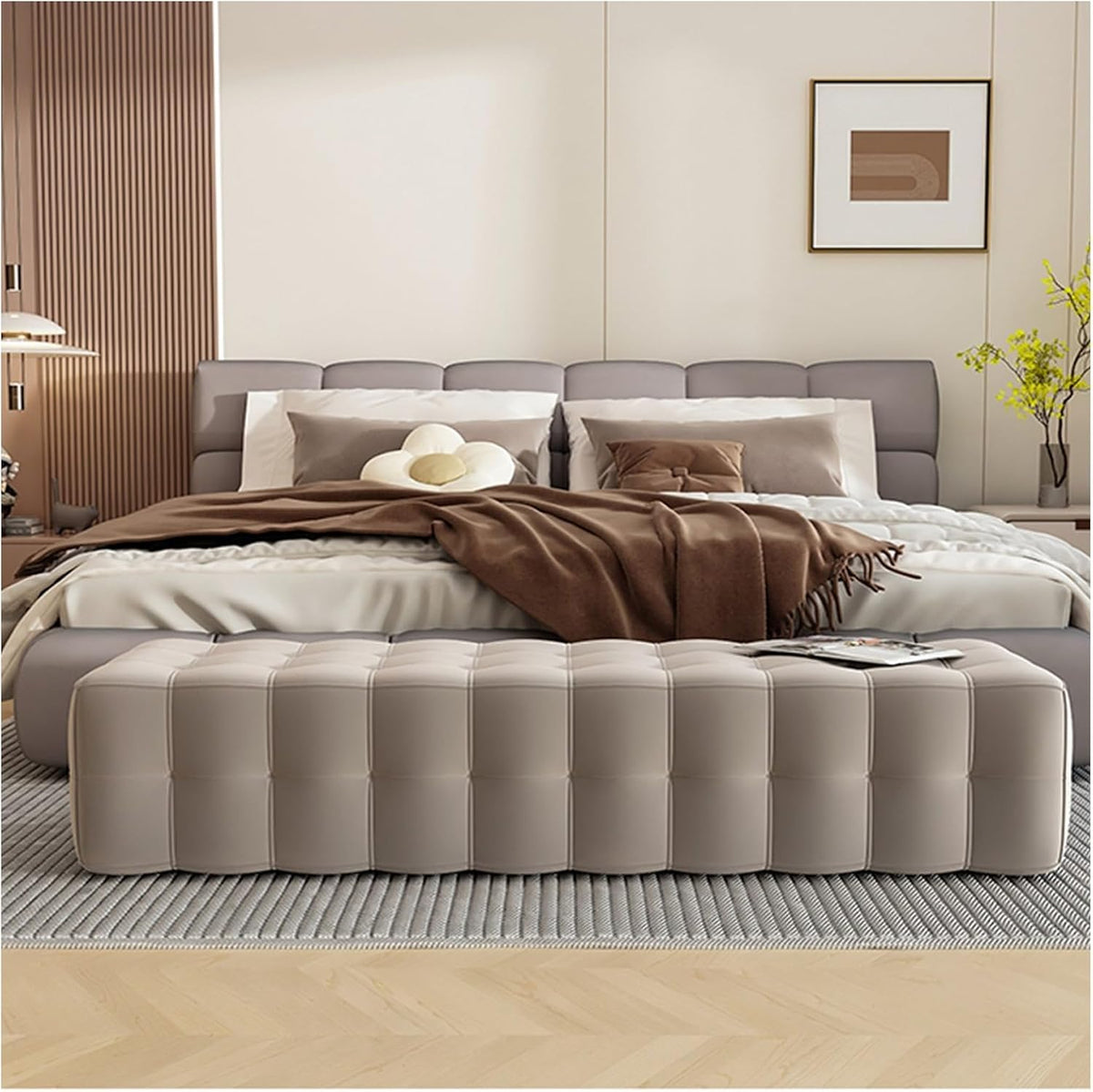 Modern Tufted Ottoman Bench, Upholstered Bedroom Benches Footrest Stool Accent for Entryway Dining Room Living End of Bed Entryway(Brown,100 * 50 * 36cm)