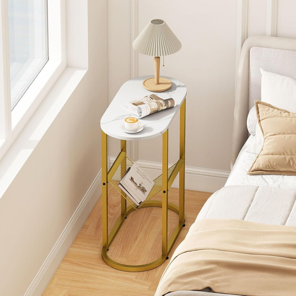 Giantex Oval Narrow Side Table, Small End Table with Magazine Rack Sling Holder Pouch, Modern Slim Nightstand, Bedside Tables for Living Room Bedroom Couch Small Spaces, White & Gold