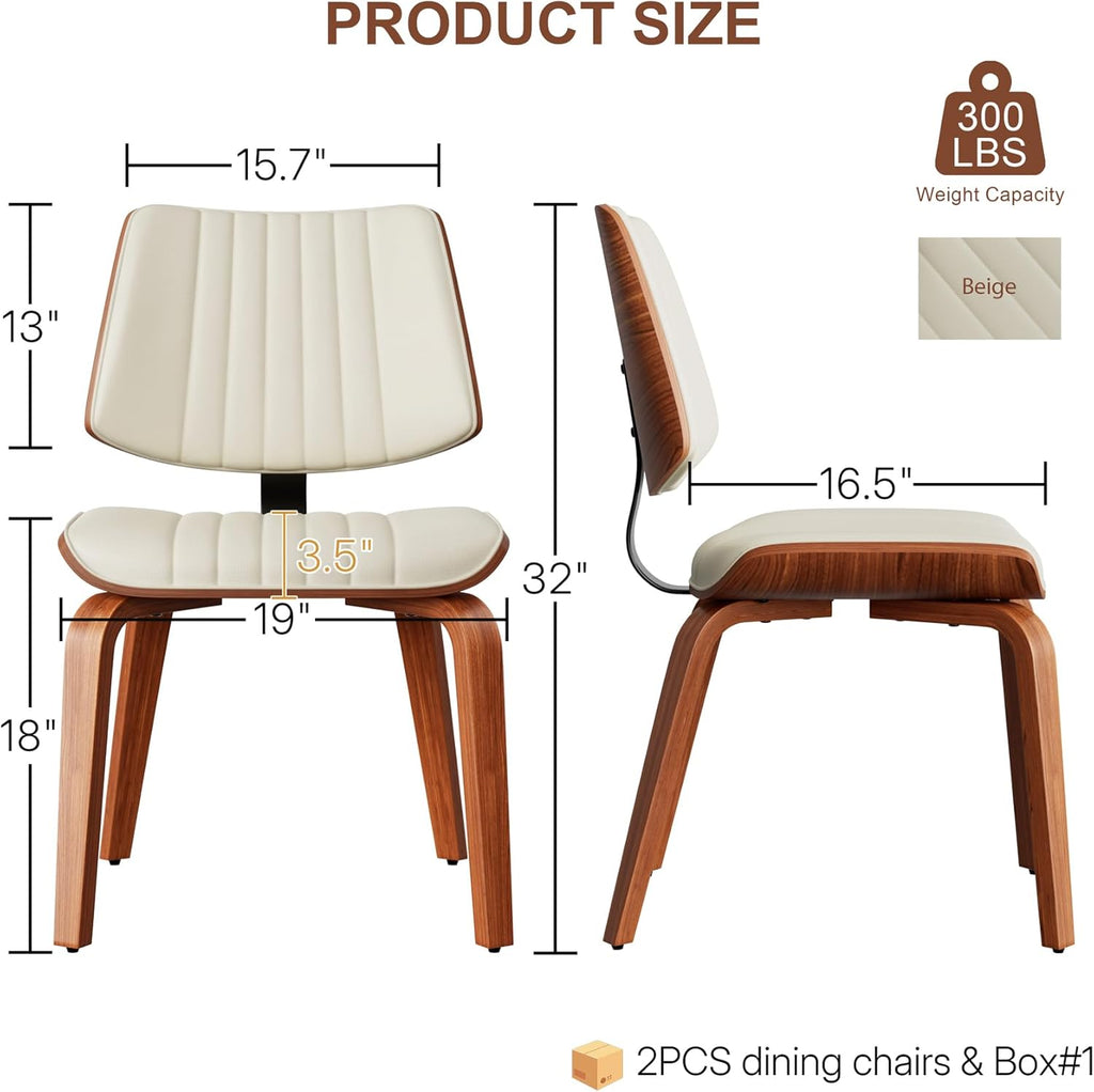 Dining Chairs Set of 2,Mid Century Modern Upholstered Kitchen Chairs with Ergonomic Curved Walnut Bentwood Back,Faux Leather Dining Chairs for Kitchen,Living Room,Study Room,Bed Room,Beige
