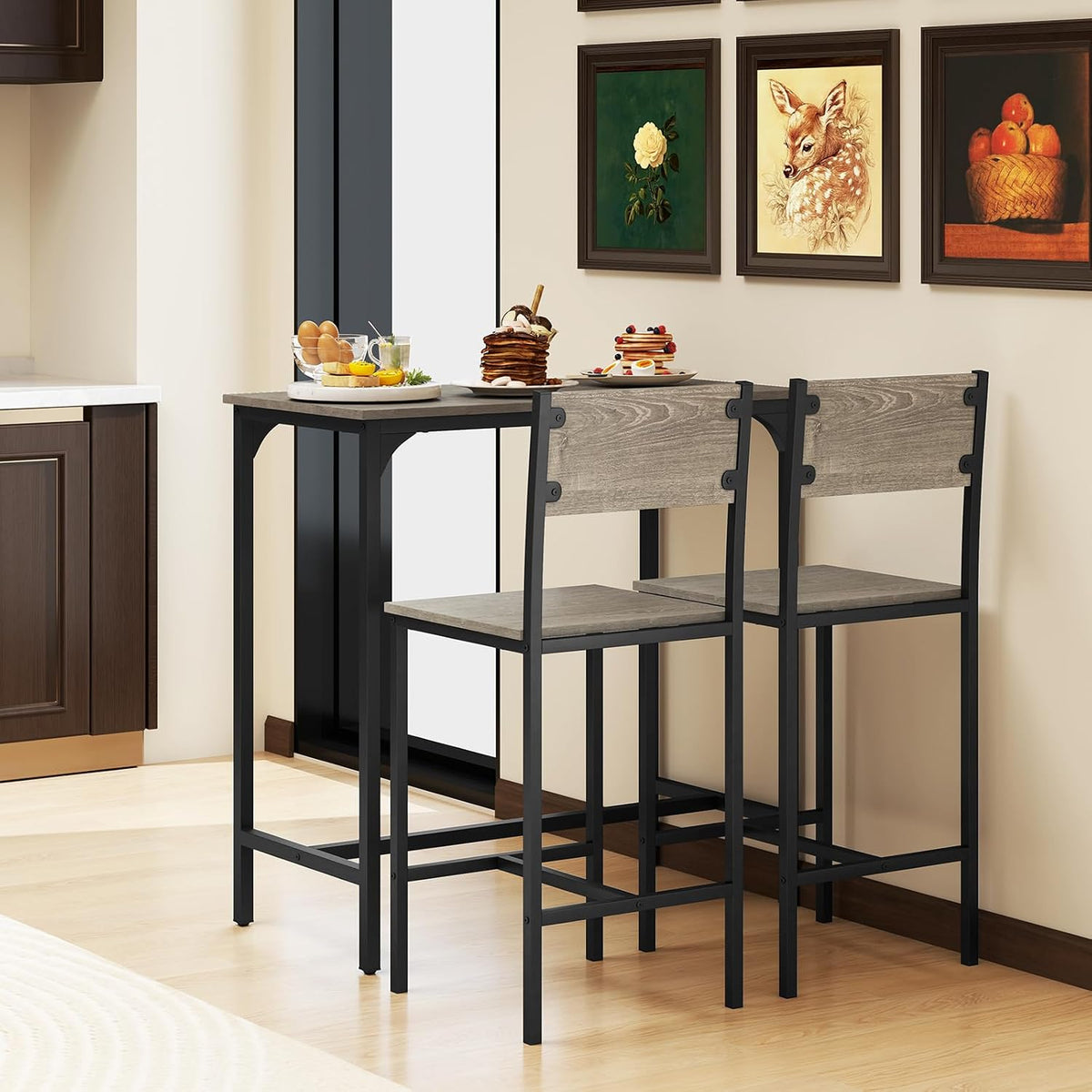 GOFLAME 3-Piece Bar Table Set, Counter Height Pub Table & 2 Barstools with Metal Frame, Industrial Space Saving Dining Set for Kitchen, Dining Room, Bistro, Restaurant, Small Space, Grey