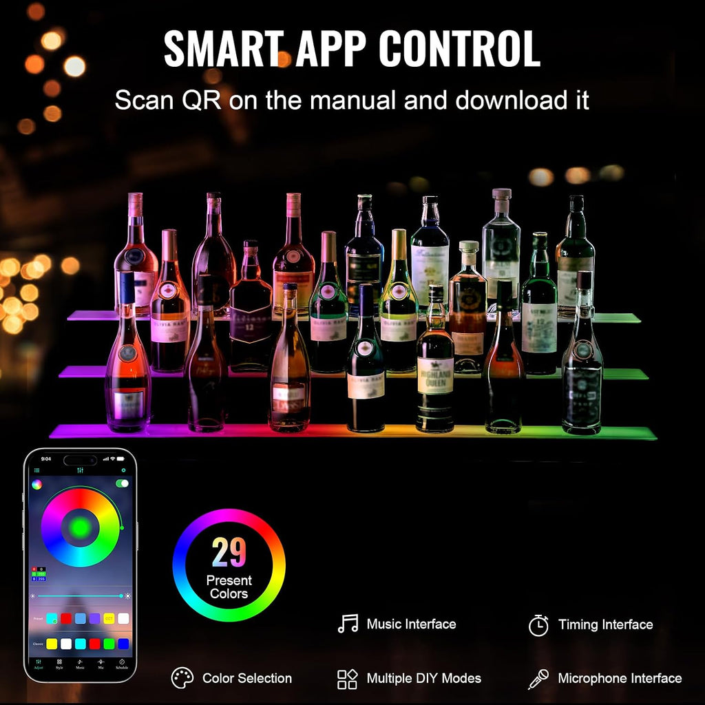 Happybuy LED Lighted Liquor Bottle Display,3 Tiers 48 Inch Commercial Illuminated Home Bar Shelf,3 Steps Whiskey Rack Stand, Acrylic Drink Shelves with RF Remote & App Control, and Multicolor lighting