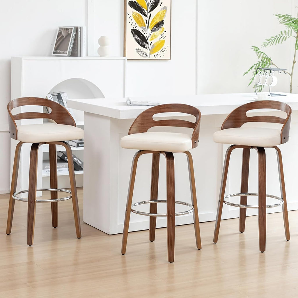 Counter Height Bar Stools, Mid Century Counter Stools with Walnut Finish | Natural Bentwood Frame, Easy-Grip Handle,Low Back, Upholstered Faux Leather, Kitchen Counter Stools for Kitchen, Pub, Cafe