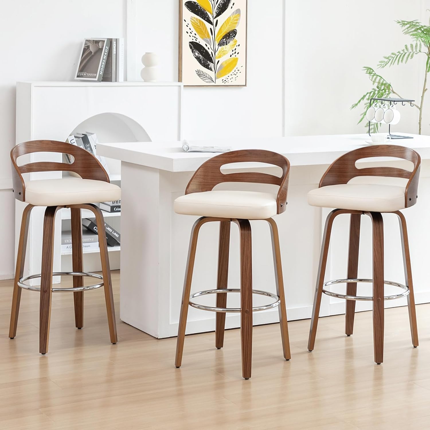 Counter Height Bar Stools, Mid Century Counter Stools with Walnut Finish | Natural Bentwood Frame, Easy-Grip Handle,Low Back, Upholstered Faux Leather, Kitchen Counter Stools for Kitchen, Pub, Cafe