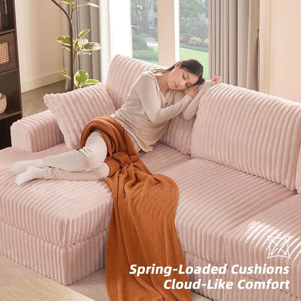 GOSUHI 113" L-Shaped Cloud Couch, Modular Sectional, Deep Seats, Pink | Pocket Spring Cushions, Oversized 3-Seater, Left Facing Chaise, Corduroy Upholstery Couches for Living Room