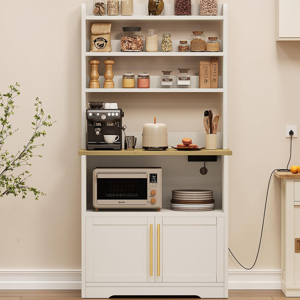 IDEALHOUSE Bakers Rack with Storage Cabinet, Microwave Stand with Power Outlets, Farmhouse Bakers Rack with Thick Table Top, Small Kitchen Bakers Rack for Kitchen,Dining Room,White & Peer Wood