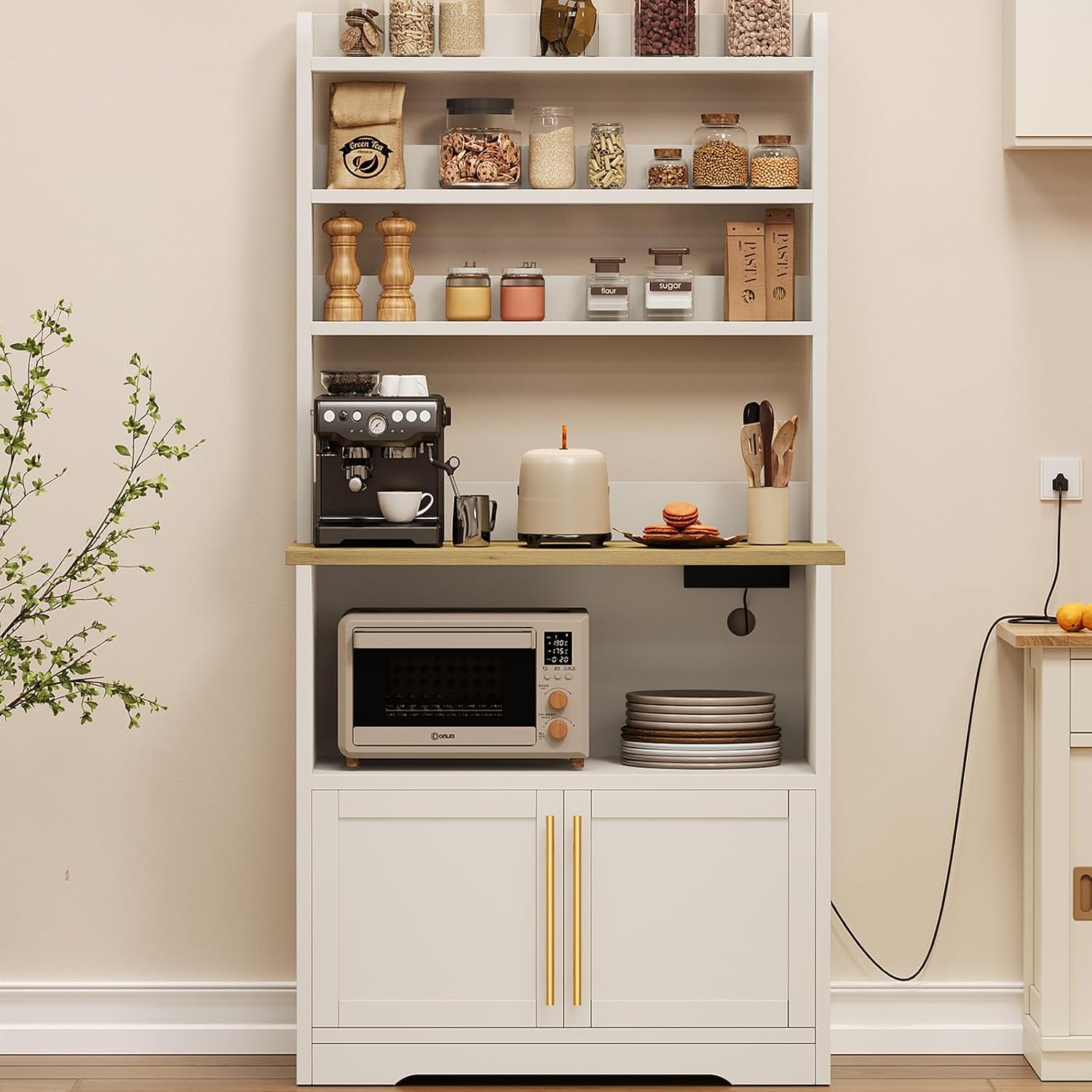 IDEALHOUSE Bakers Rack with Storage Cabinet, Microwave Stand with Power Outlets, Farmhouse Bakers Rack with Thick Table Top, Small Kitchen Bakers Rack for Kitchen,Dining Room,White & Peer Wood