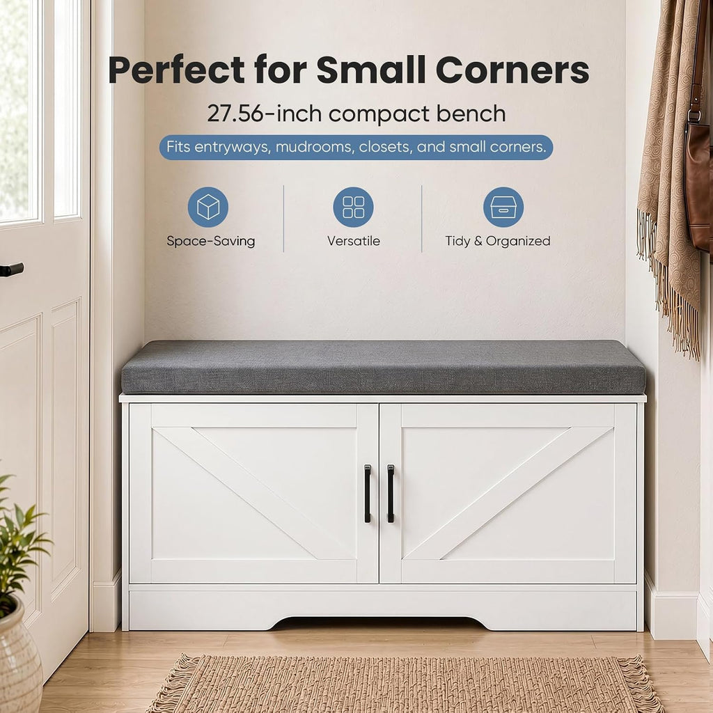 NEWBULIG Shoe Bench with Storage for Entryway, 39.4" Shoe Storage Bench | Modern Farmhouse 2-Doors Hidden Shoe Organizer Bench with Padded Cushion Seat & Adjustable Shelves for Mudroom Bedroom White